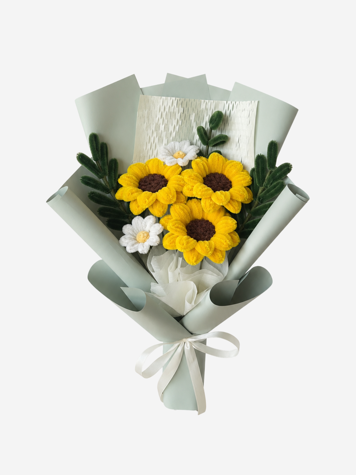 Sunflower Shine in Garden — handmade pipe cleaner flower (ดอกไม้ถักมือ) by Flowerest.bkk. ช่อทานตะวัน 3 ดอก ขนาดกำลังดี ส่งต่อความสดใส 🌻