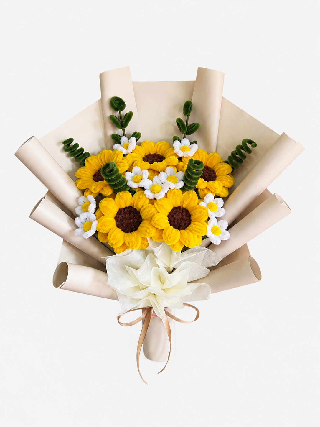 All My Sunshine — handmade pipe cleaner flower (ดอกไม้ถักมือ) by Flowerest.bkk. ช่อทานตะวัน 5 ดอก ช่อขายดีของร้าน