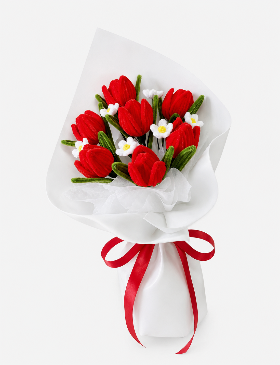 Tulip Meadow Love — handmade pipe cleaner flower (ดอกไม้ถักมือ) by Flowerest.bkk. ทิวลิปสีแดง7ดอก เหมือนอยู่ในทุ่งทิวลิป สง่างาม เรียบหรู