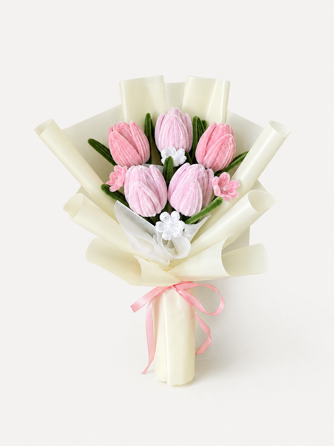 Amour Tulip - 5 Tulip — handmade pipe cleaner flower (ดอกไม้ถักมือ) by Flowerest.bkk. ช่อทิวลิปสีชมพูเข้ม คละสีชมพูอ่อน 5 ดอกขนาดกำลังดี
